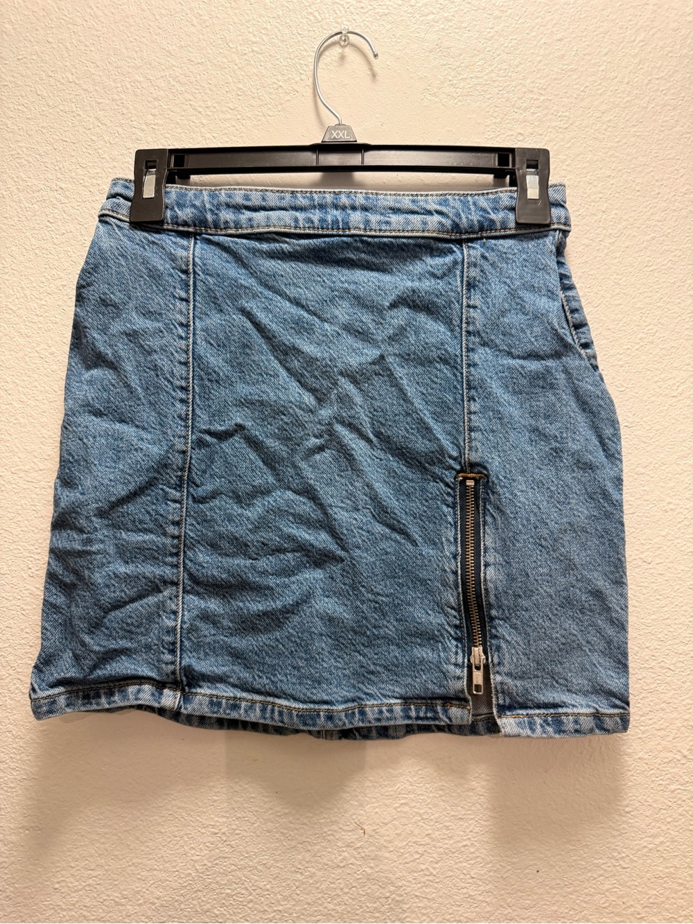We The Free Denim Mini Skirt in Light Blue with Side Zip Detail